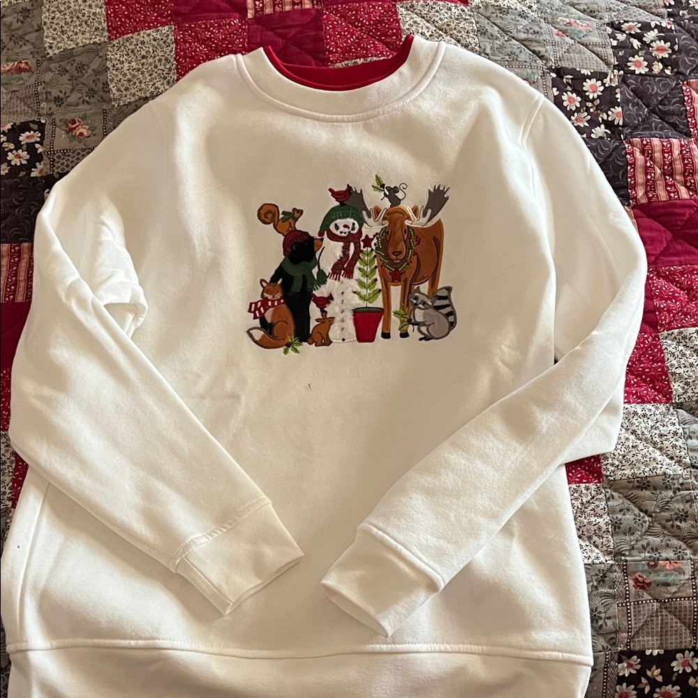 White Sweatshirt with woodland Animals winter